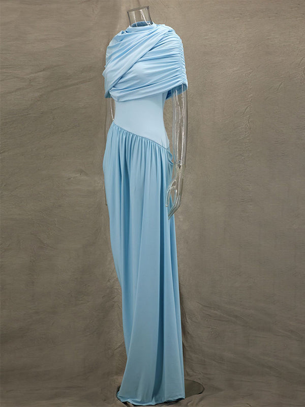 Light Blue Ruched Irregular Neck Photoshoot Maternity Maxi Dress