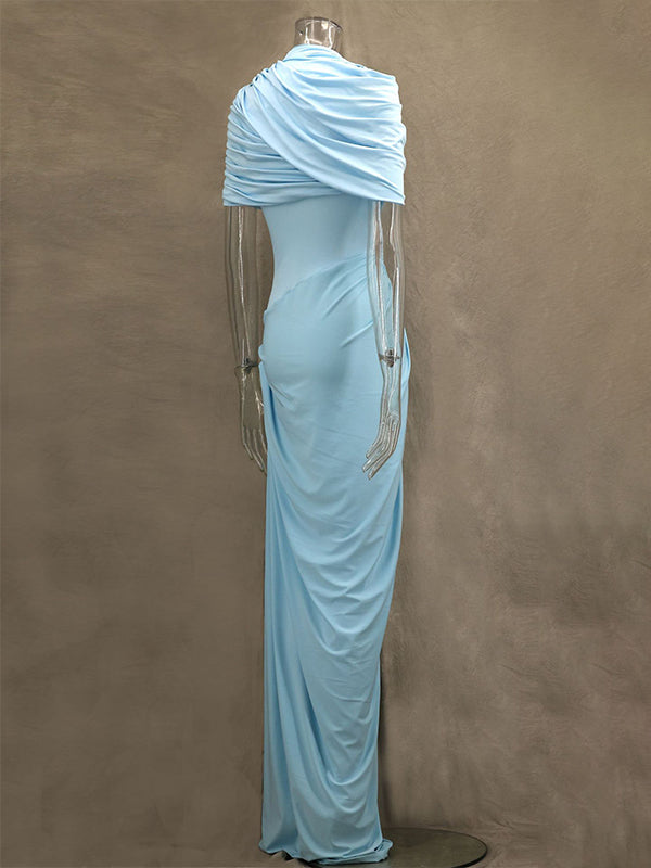Light Blue Ruched Irregular Neck Photoshoot Maternity Maxi Dress