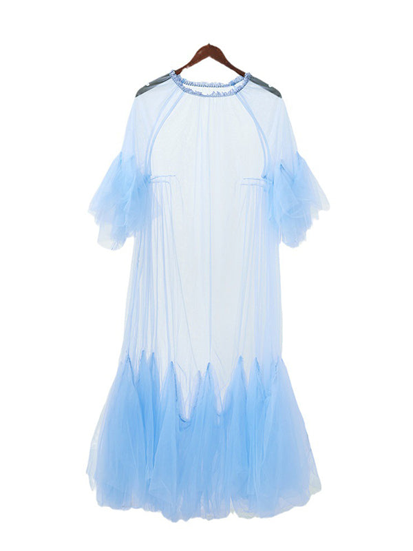 Blue Tutu Sheer Gender Reveal Baby Shower Maternity Maxi Dress