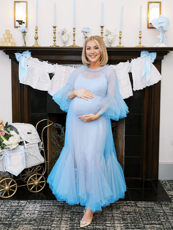 Blue Tutu Sheer Gender Reveal Baby Shower Maternity Maxi Dress