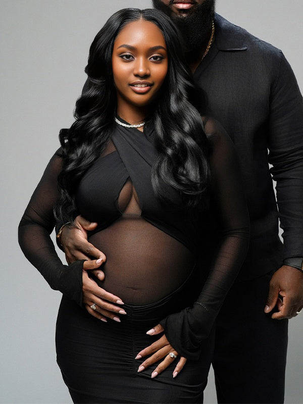 Momsmood Black Grenadine Sheer Ruched Photoshoot Maternity Maxi Dress