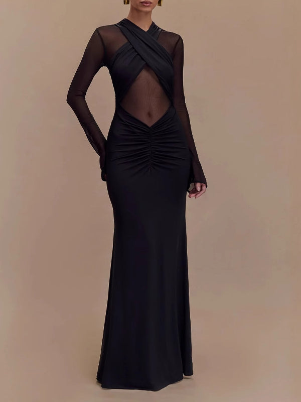 Momsmood Black Grenadine Sheer Ruched Photoshoot Maternity Maxi Dress