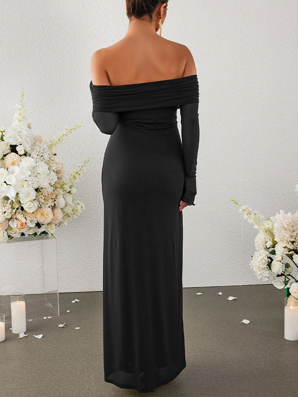 Momsmood Off Shoulder Ruched Sheer Mesh Bodycon Baby Shower Maternity Maxi Dress