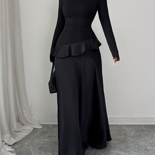 Momsmood Black Ruffle Elegant Round Neck Maternity Maxi Dress