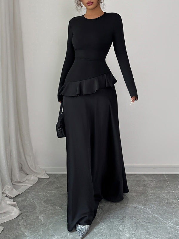 Momsmood Black Ruffle Elegant Round Neck Maternity Maxi Dress