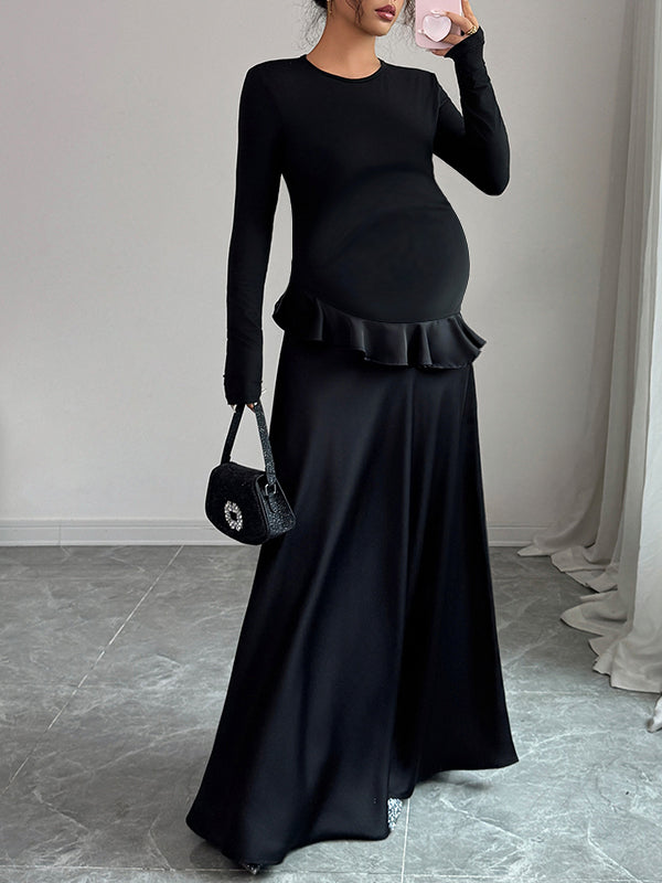 Momsmood Black Ruffle Elegant Round Neck Maternity Maxi Dress