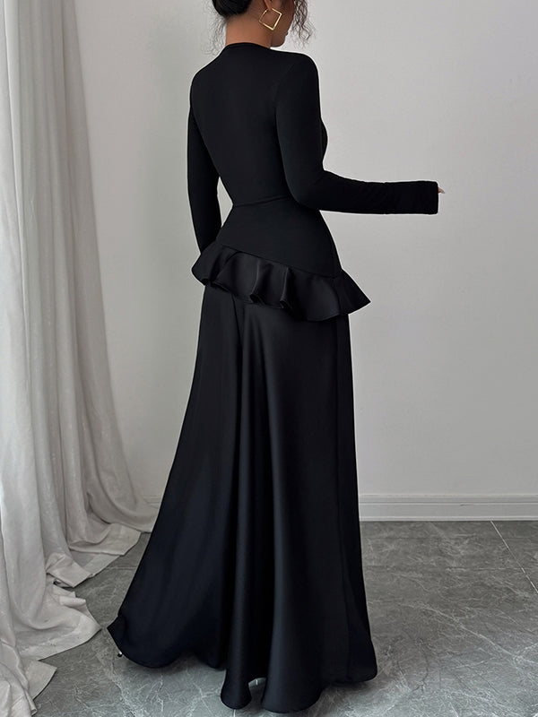 Momsmood Black Ruffle Elegant Round Neck Maternity Maxi Dress