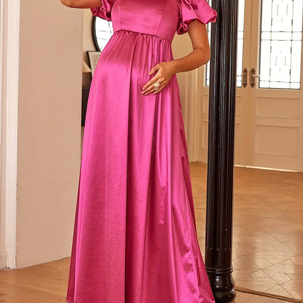Momsmood Rose Carmine Puff Sleeve Ruffle Flowy Elegant Maternity Baby Shower Party Midi Dress