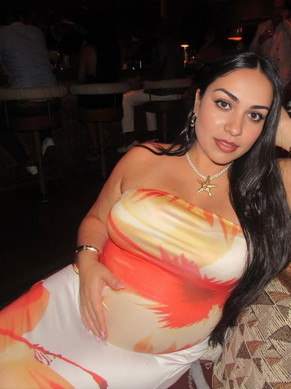 Momsmood White And Orange Sleeveless Bandeau Flowers Bodycon Elegant Maternity Baby Shower Party Midi Dress