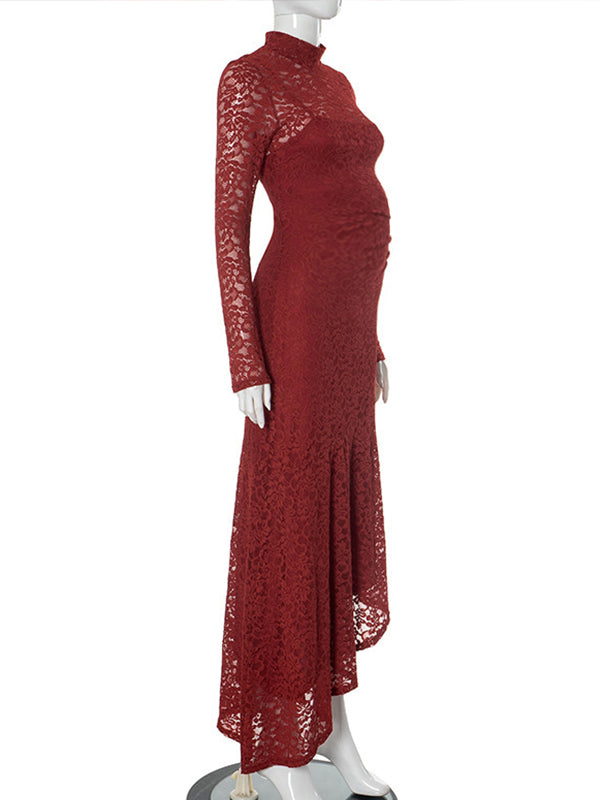 Momsmood Lace Ruffle Long Sleeve Round Neck Bodycon Elegant Maternity Baby Shower Midi Dress