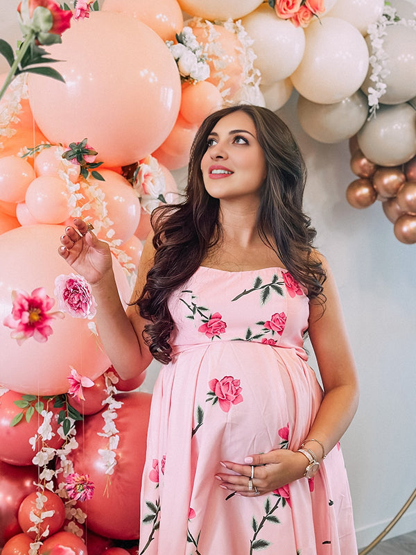 Momsmood Pink Bandeau Print Flowers Ruffle Elegant Maternity Photoshoot Baby Shower Midi Dress