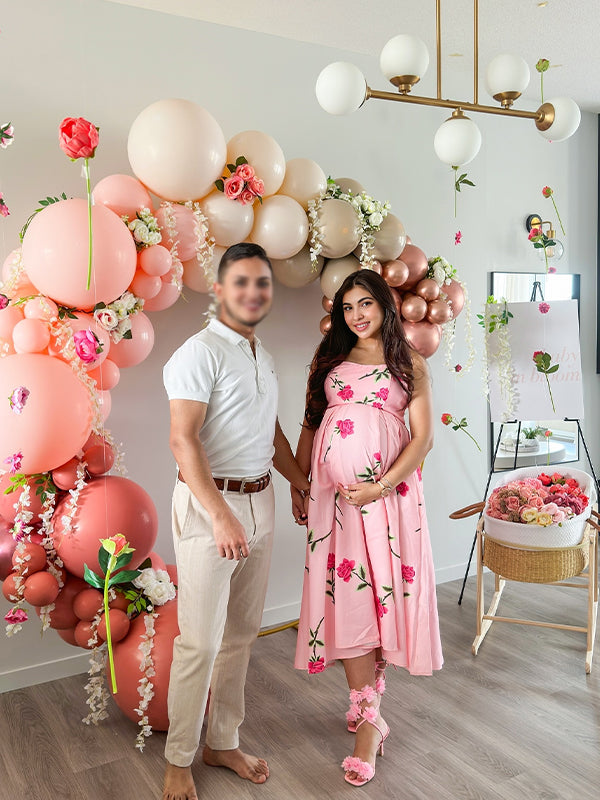 Momsmood Pink Bandeau Print Flowers Ruffle Elegant Maternity Photoshoot Baby Shower Midi Dress