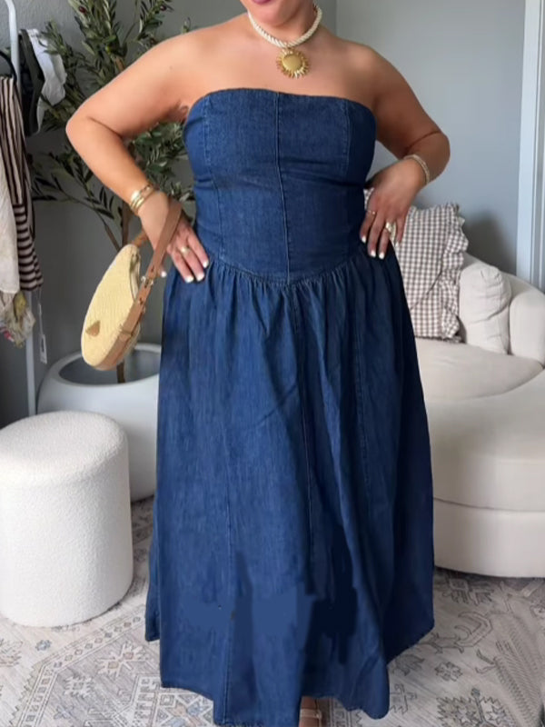 Momsmood Bandeau Denim Photoshoot Maternity Midi Dresses