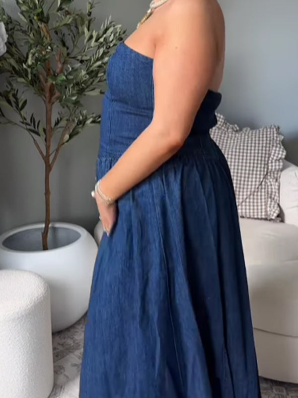 Momsmood Bandeau Denim Photoshoot Maternity Midi Dresses