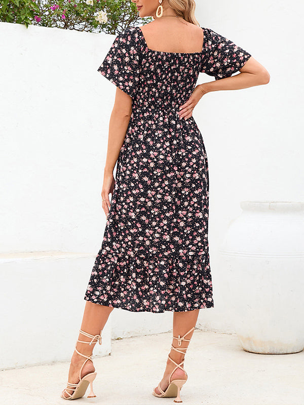 Momsmood Black And Pink Print Flowers Square Neck Ruffle Flowy Elegant Maternity Photoshoot Midi Dress