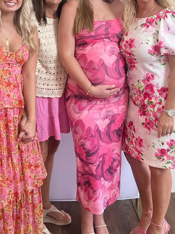 Momsmood Red Stamp Duty Side Slit Bodycon Vacation Beach Baby Shower Maternity Photoshoot Midi Dress