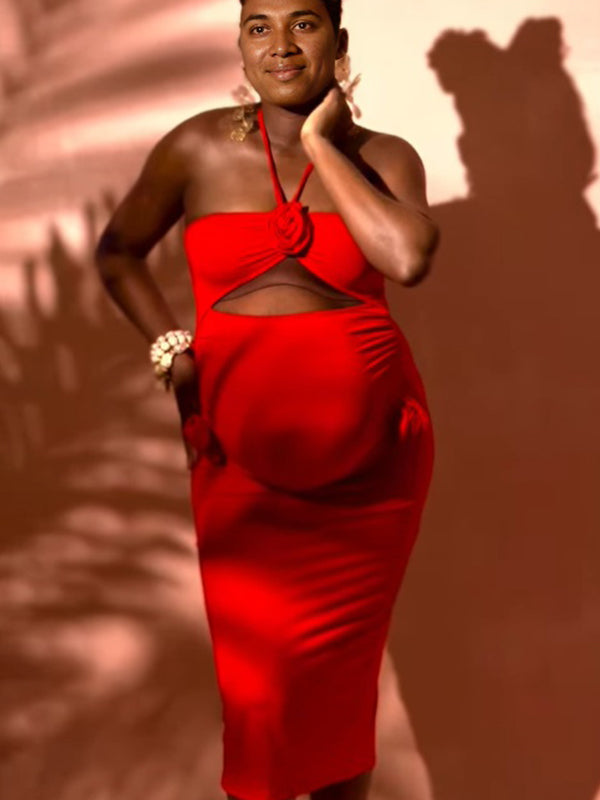 Momsmood Red Halter Neck 3D Flower Open Back Banquet Party Baby Shower Maternity Photoshoot Midi Dress