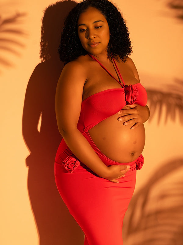 Momsmood Red Halter Neck 3D Flower Open Back Banquet Party Baby Shower Maternity Photoshoot Midi Dress