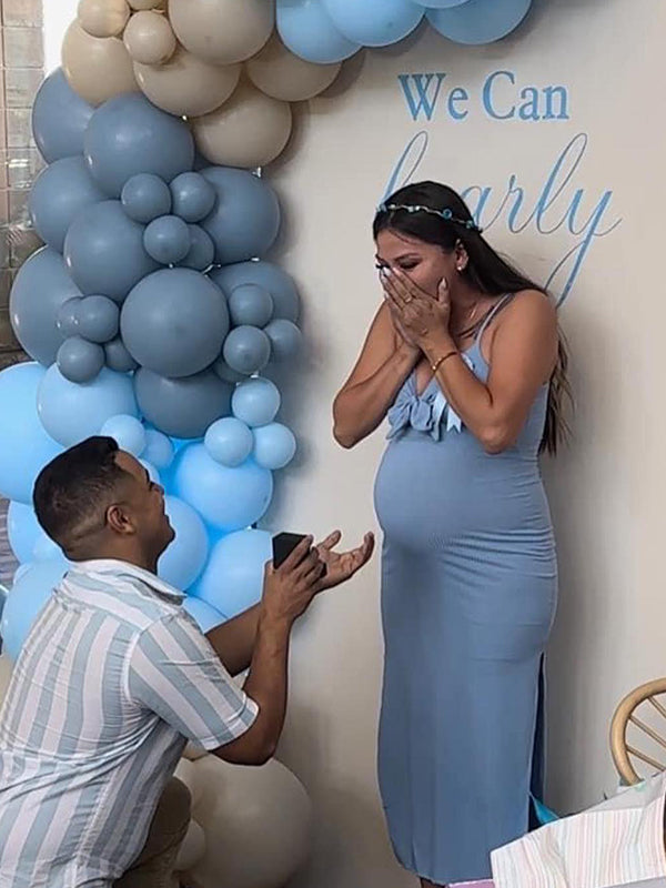 Momsmood Blue Lace-up Bowknot Slit Crochet Daily Going out Baby Shower Maternity Photoshoot Midi Dress