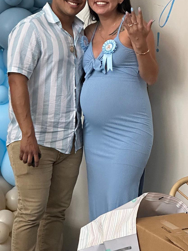 Momsmood Blue Lace-up Bowknot Slit Crochet Daily Going out Baby Shower Maternity Photoshoot Midi Dress