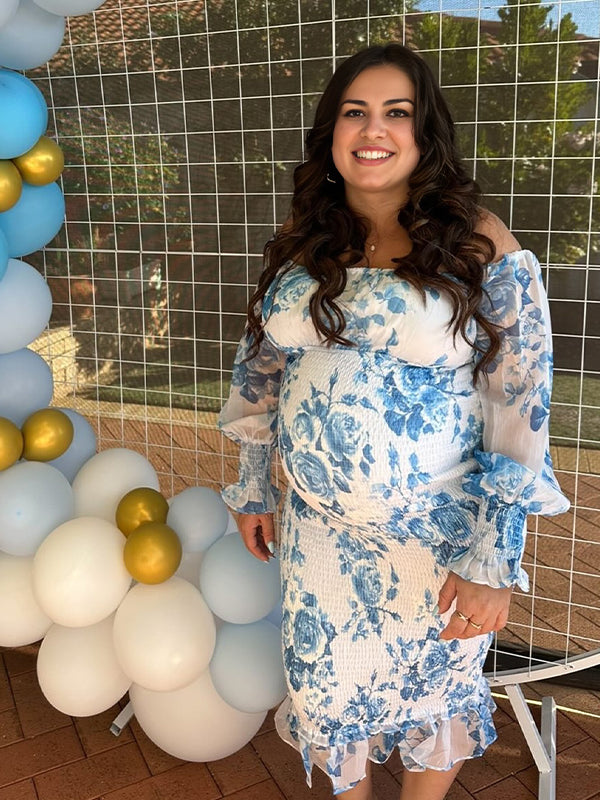 Off Shoulder Smoked Strap Stamp Maternity Baby Shower Midi Dress