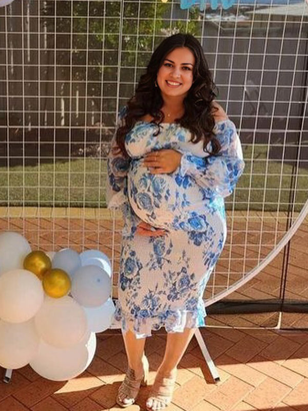 Off Shoulder Smoked Strap Stamp Maternity Baby Shower Midi Dress