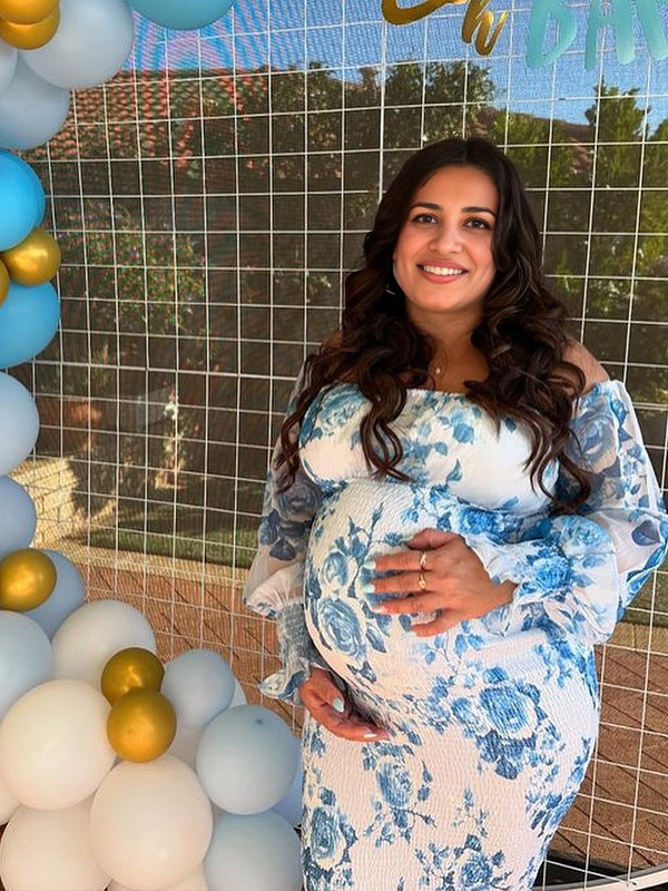 Off Shoulder Smoked Strap Stamp Maternity Baby Shower Midi Dress