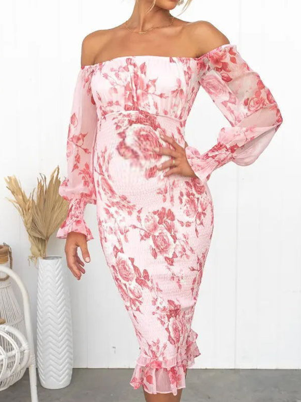 Off Shoulder Smoked Strap Stamp Maternity Baby Shower Midi Dress