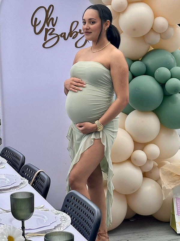 Light Green Irregularly Otter Margin Maternity Baby Shower Midi Dress