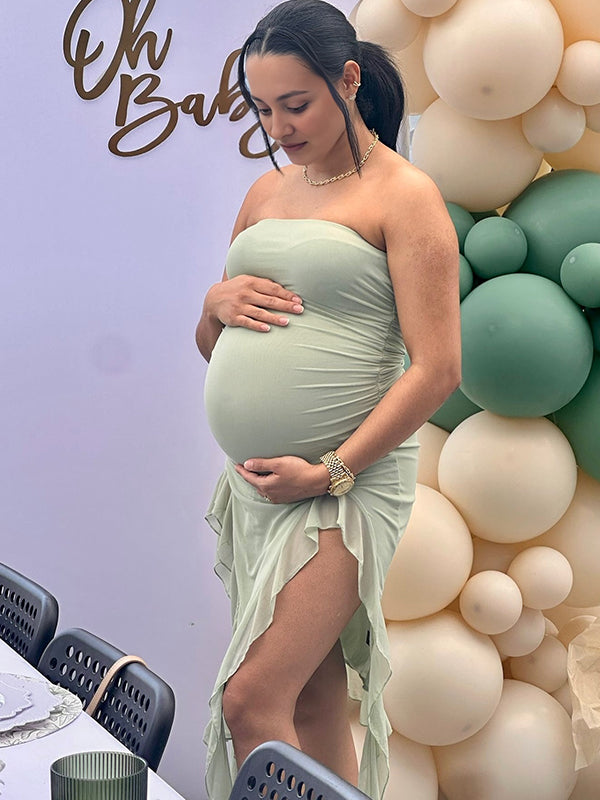 Light Green Irregularly Otter Margin Maternity Baby Shower Midi Dress