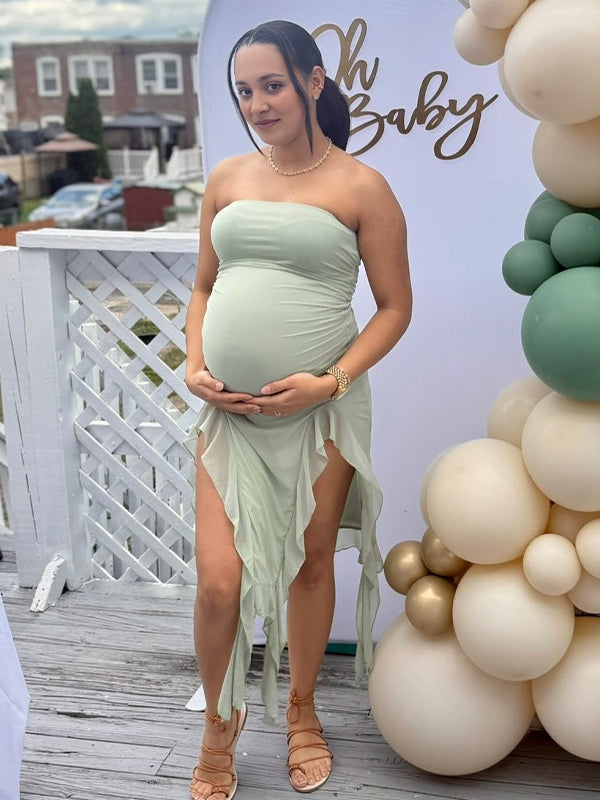 Light Green Irregularly Otter Margin Maternity Baby Shower Midi Dress