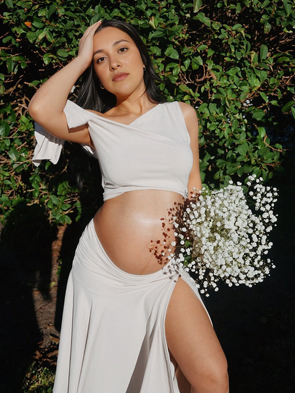 Momsmood White Off Shoulder Ruched Two Piece Set Asymmetrical Neck Crop Top and Side Slit Ruffle Midi Skirt Elegant Maternity Photoshoot Midi Dress