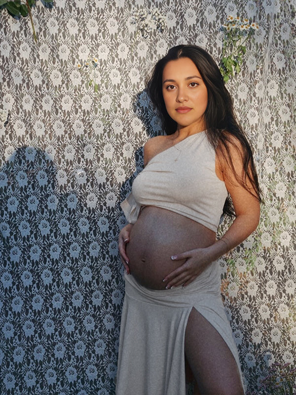 Momsmood White Off Shoulder Ruched Two Piece Set Asymmetrical Neck Crop Top and Side Slit Ruffle Midi Skirt Elegant Maternity Photoshoot Midi Dress