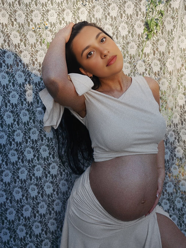 Momsmood White Off Shoulder Ruched Two Piece Set Asymmetrical Neck Crop Top and Side Slit Ruffle Midi Skirt Elegant Maternity Photoshoot Midi Dress