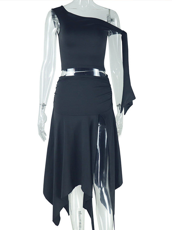 Momsmood White Off Shoulder Ruched Two Piece Set Asymmetrical Neck Crop Top and Side Slit Ruffle Midi Skirt Elegant Maternity Photoshoot Midi Dress