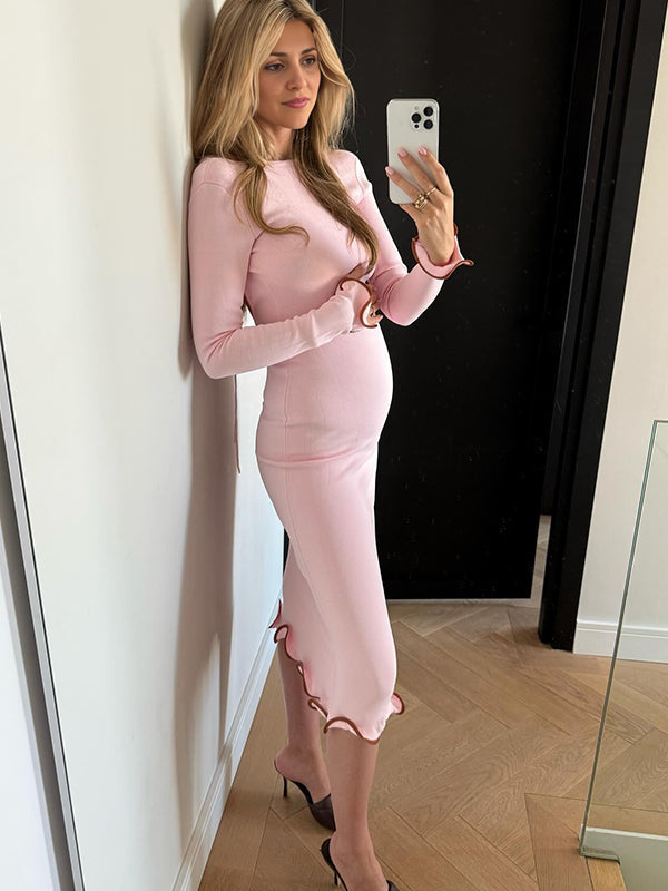 Momsmood Pink Falbala Semicircular Neck  Daily Maternity Midi Dress