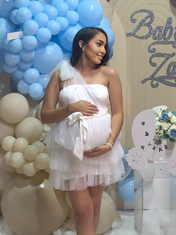 Momsmood White One Shoulder Tulle Bow Ruffle Falbala Belt Tiered A-line Sweet Maternity Baby Shower Mini Dress