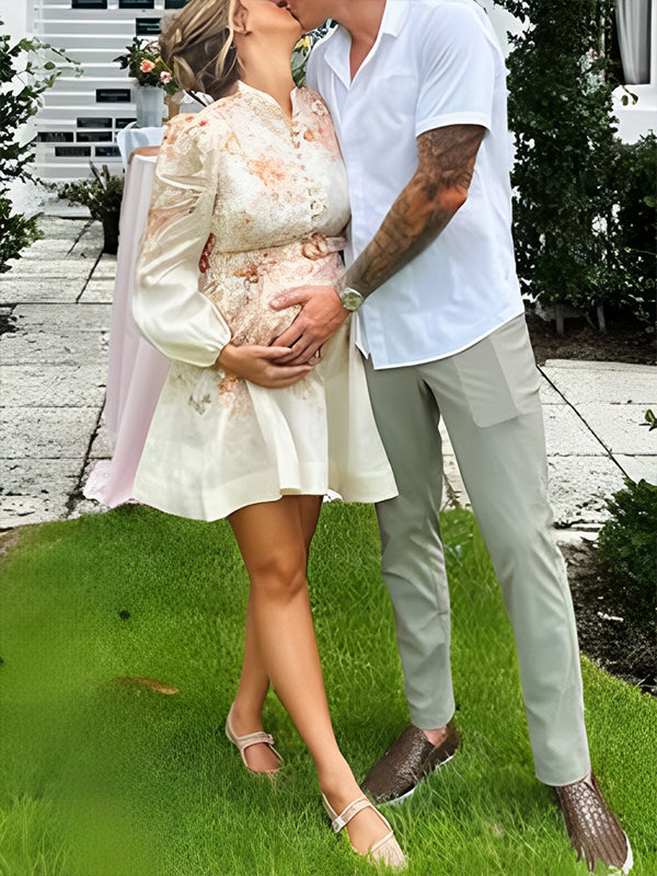 Momsmood Floral Single Breasted Belt A-line Lantern Sleeve Sweet Maternity Baby Shower Mini Dress