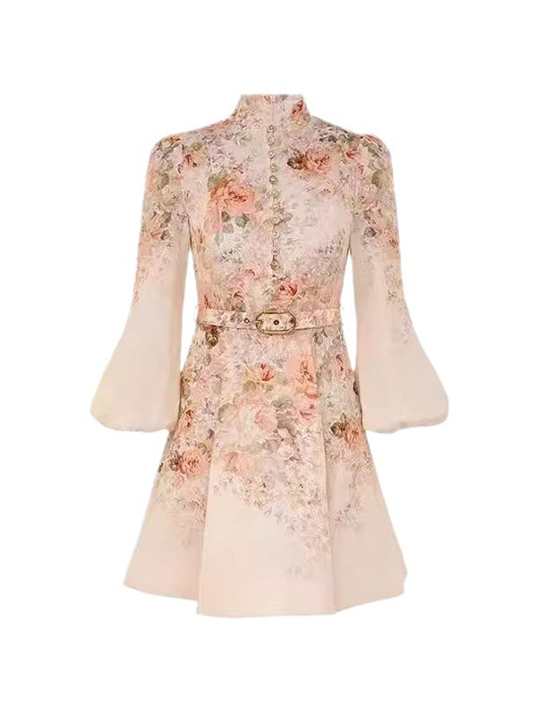 Momsmood Floral Single Breasted Belt A-line Lantern Sleeve Sweet Maternity Baby Shower Mini Dress