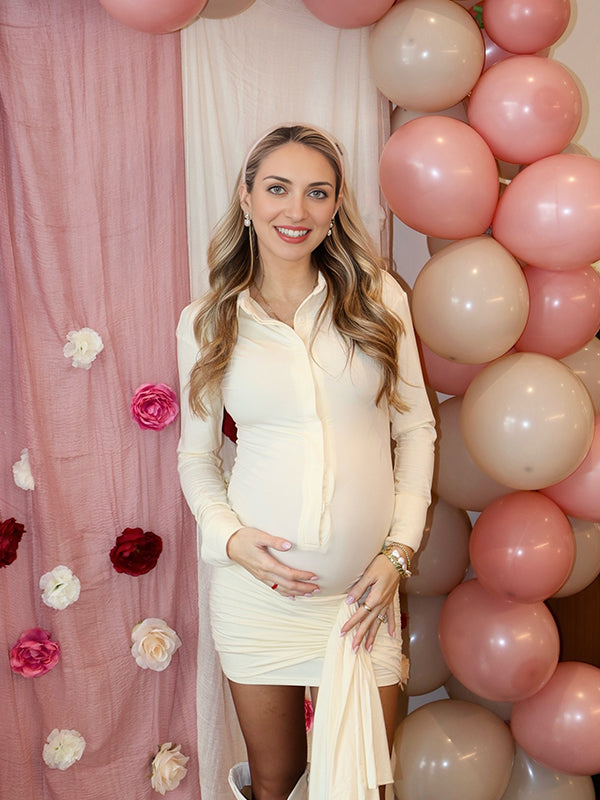 Momsmood Single Breasted Ruched Ruffle Falbala Draped Bodycon Shirt Dress Elegant Maternity Baby Shower Mini Dress