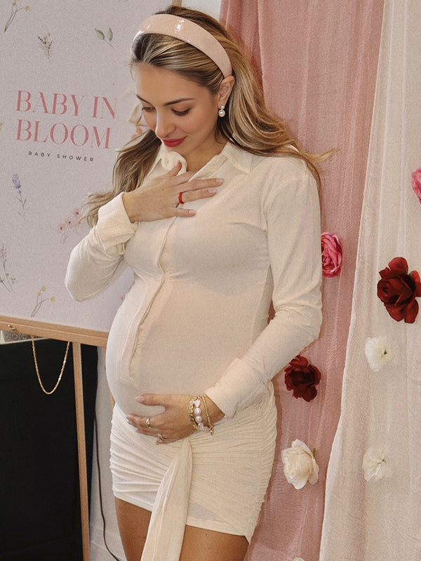 Momsmood Single Breasted Ruched Ruffle Falbala Draped Bodycon Shirt Dress Elegant Maternity Baby Shower Mini Dress