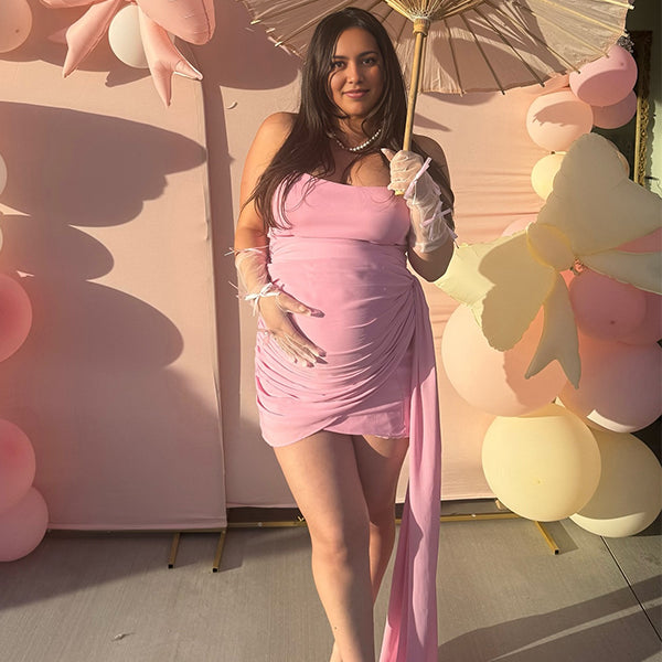 Momsmood Pink Mesh Irregular Ruched Falbala Draped Bodycon Elegant Maternity Baby Shower Mini Dress