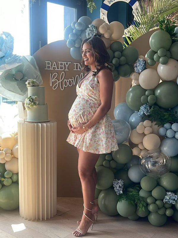 Momsmood White Floral Corset Backless A-line Halter Neck Elegant Maternity Baby Shower Mini Dress