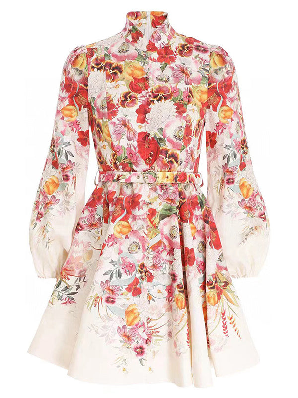 Momsmood Floral Single Breasted Belt A-line Lantern Sleeve Elegant Maternity Baby Shower Mini Dress