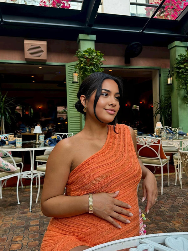 Momsmood Orange Irregular Striped Waist Hollow One-shoulder Bodycon Elegant Party Maternity Baby Shower Midi Dress
