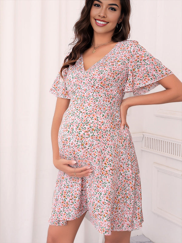 Momsmood Pink Flowers V-neck Short Sleeve Flowy Elegant Party Maternity Baby Shower Mini Dress