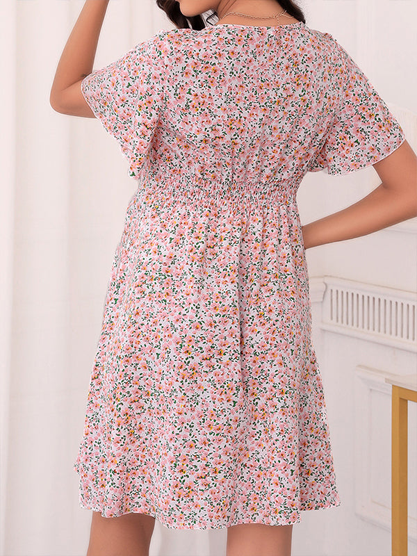 Momsmood Pink Flowers V-neck Short Sleeve Flowy Elegant Party Maternity Baby Shower Mini Dress