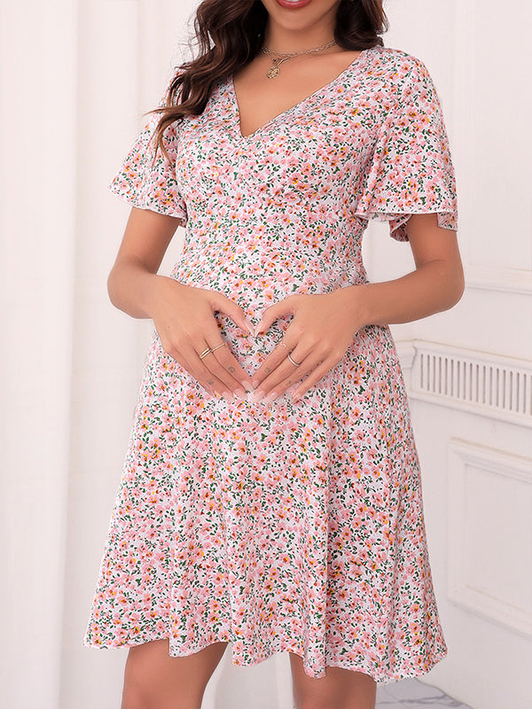Momsmood Pink Flowers V-neck Short Sleeve Flowy Elegant Party Maternity Baby Shower Mini Dress