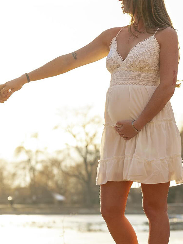 Momsmood White Spaghetti Straps Plunging Neckline Lace Ruffle Backless Flowy Elegant Maternity Photoshoot Mini Dress