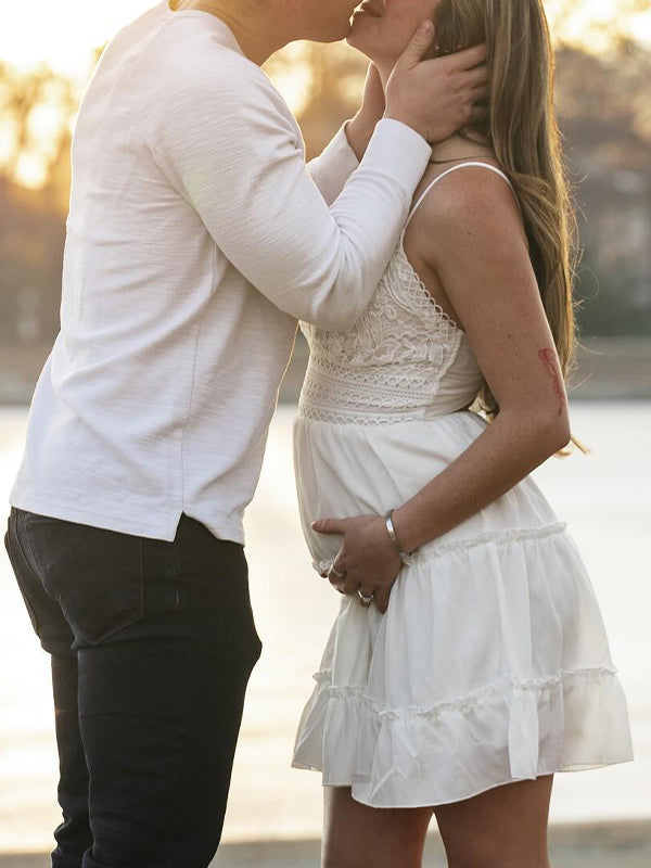 Momsmood White Spaghetti Straps Plunging Neckline Lace Ruffle Backless Flowy Elegant Maternity Photoshoot Mini Dress